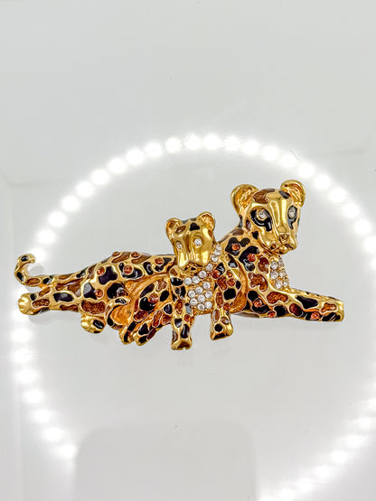 St. John Signed Vintage Gold and Black Rhinestone Leopard with Baby Trembler Brooch