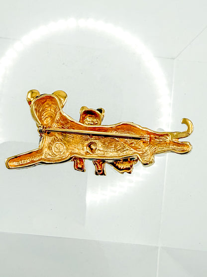 St. John Signed Vintage Gold and Black Rhinestone Leopard with Baby Trembler Brooch