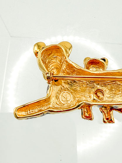 St. John Signed Vintage Gold and Black Rhinestone Leopard with Baby Trembler Brooch