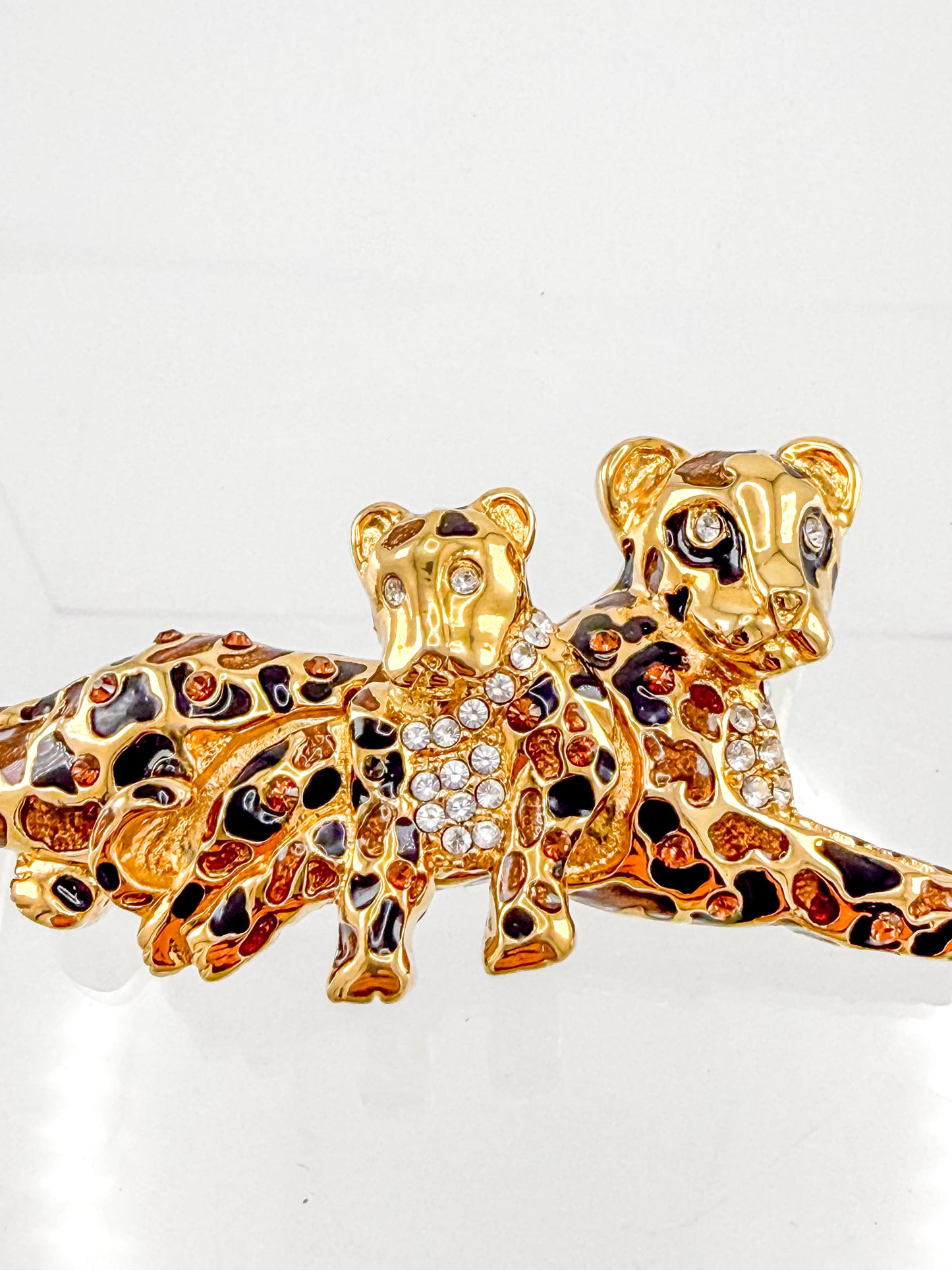 St. John Signed Vintage Gold and Black Rhinestone Leopard with Baby Trembler Brooch
