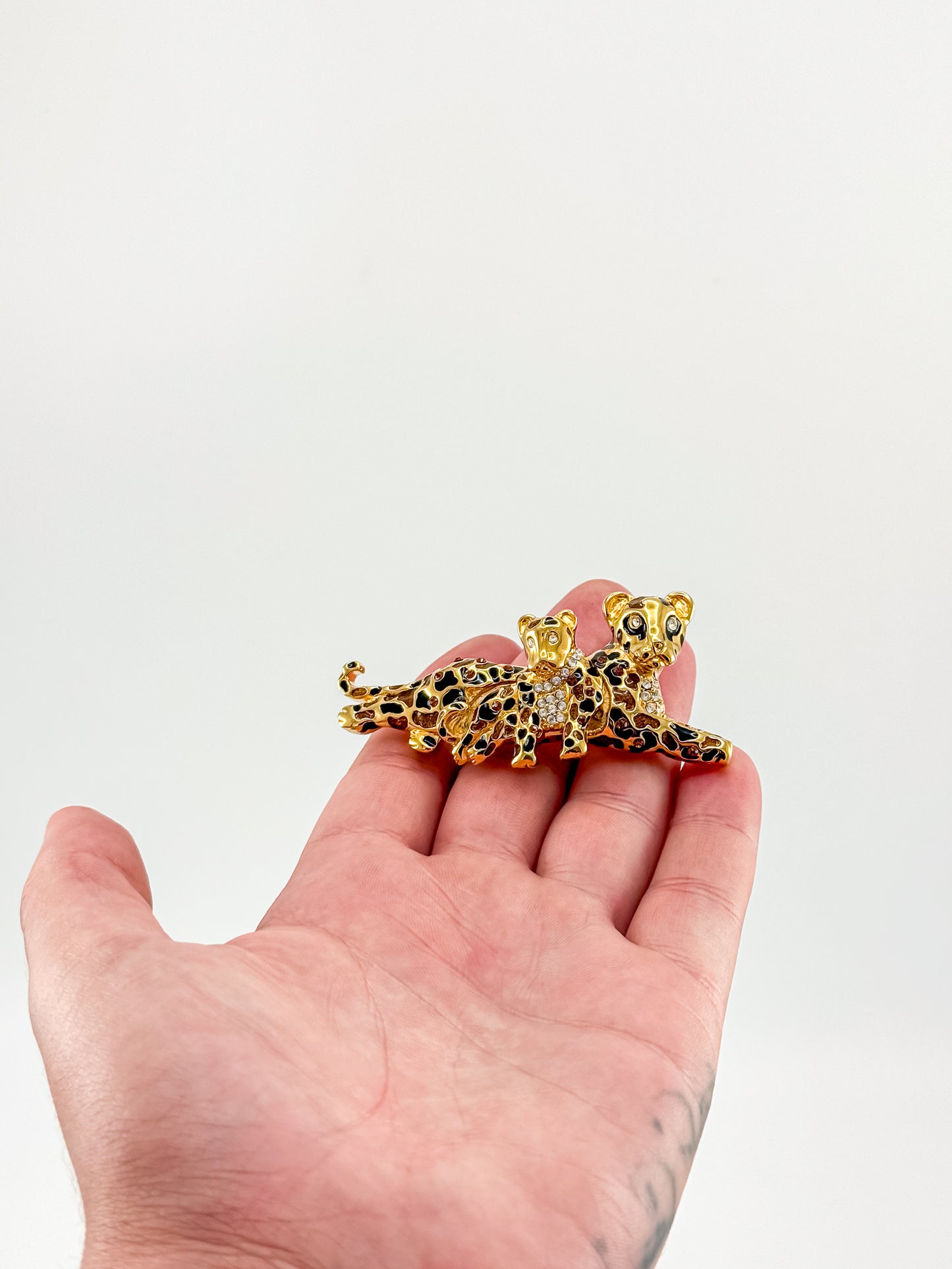 St. John Signed Vintage Gold and Black Rhinestone Leopard with Baby Trembler Brooch
