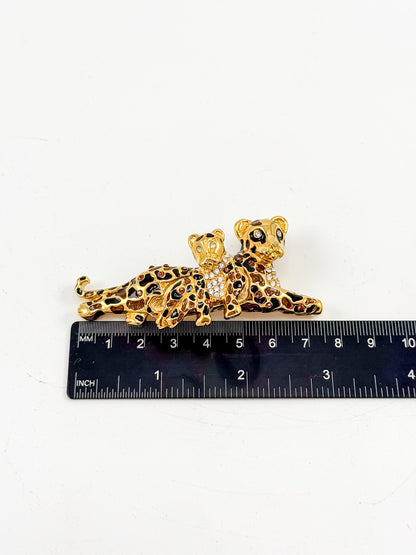 St. John Signed Vintage Gold and Black Rhinestone Leopard with Baby Trembler Brooch