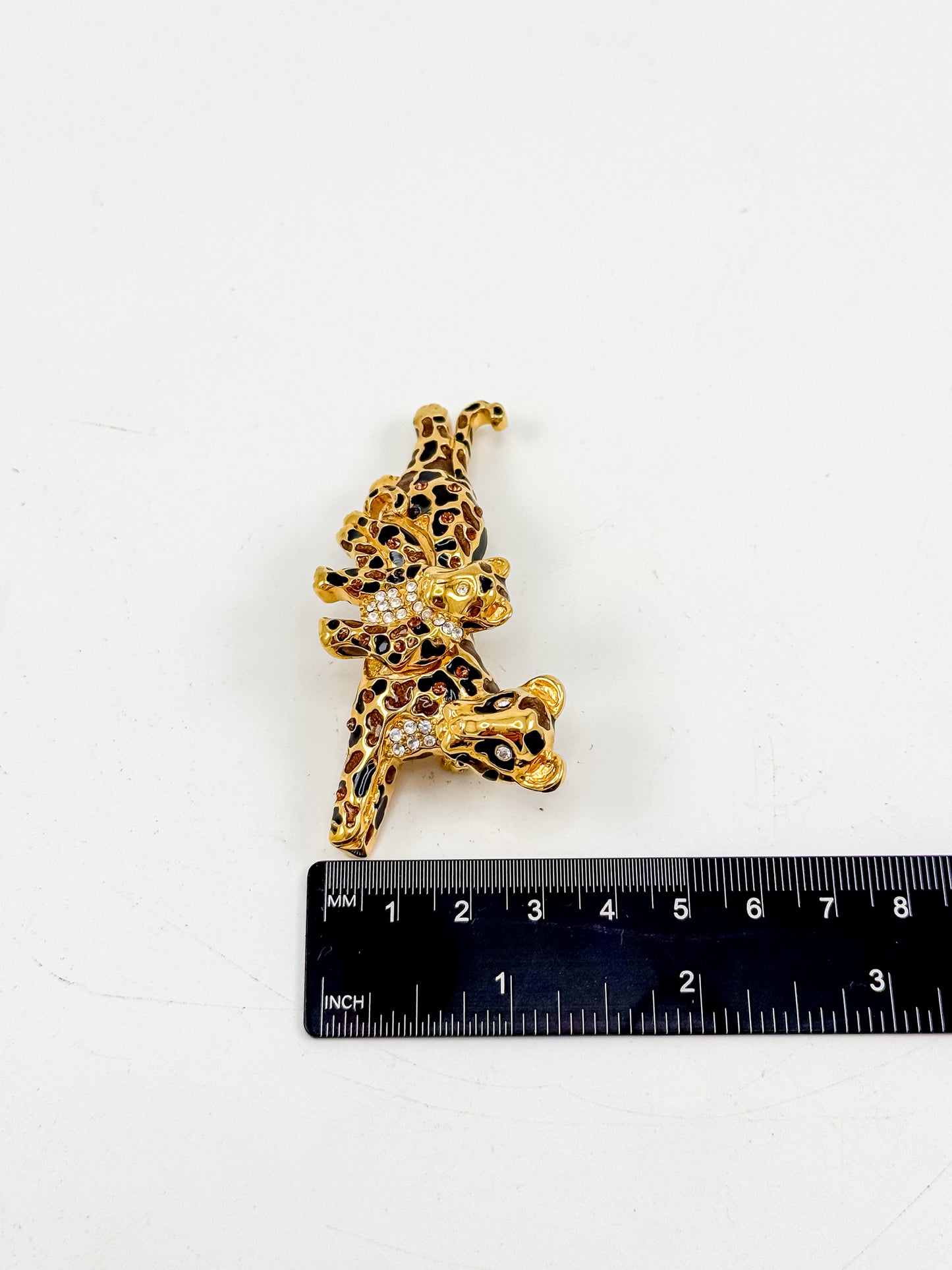 St. John Signed Vintage Gold and Black Rhinestone Leopard with Baby Trembler Brooch