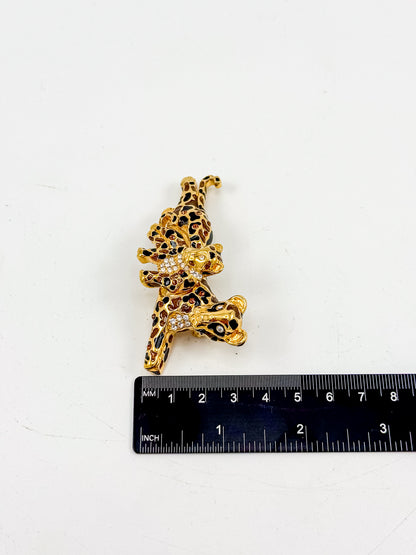 St. John Signed Vintage Gold and Black Rhinestone Leopard with Baby Trembler Brooch