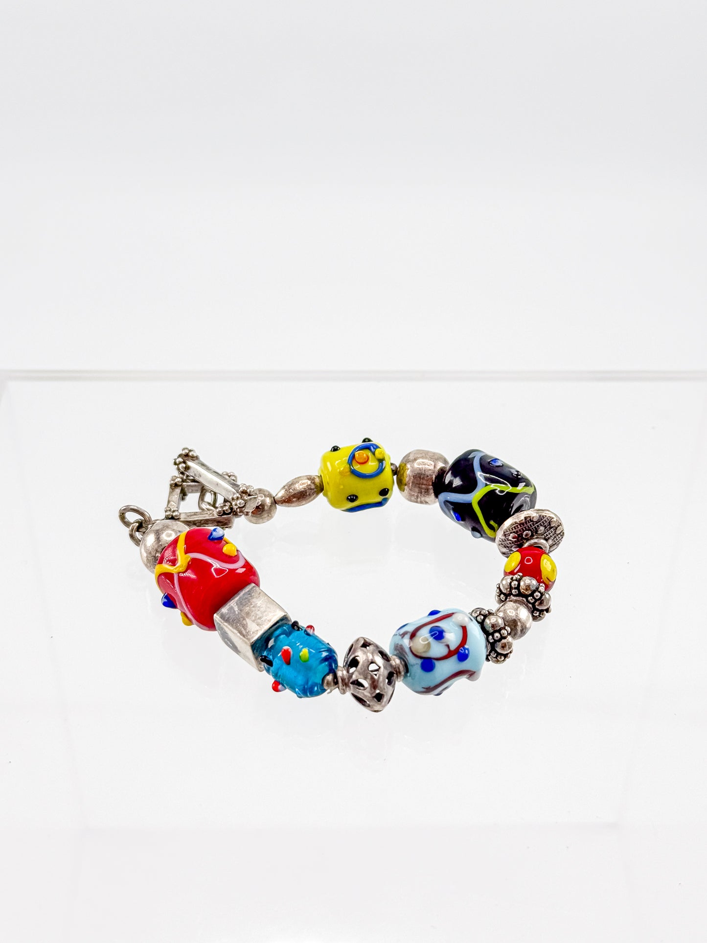 Vintage Silpada Sterling Silver Lampwork Glass Bead Bracelet with Square Toggle Clasp