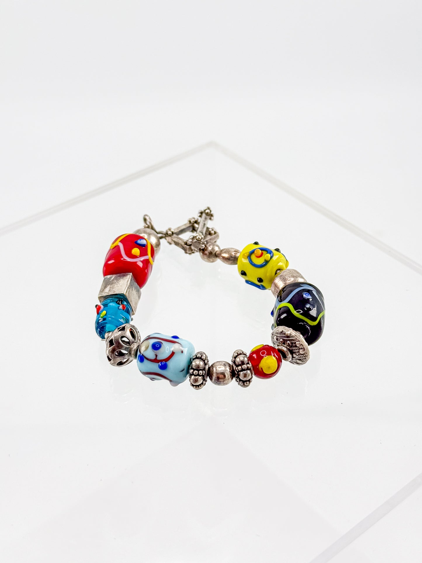 Vintage Silpada Sterling Silver Lampwork Glass Bead Bracelet with Square Toggle Clasp