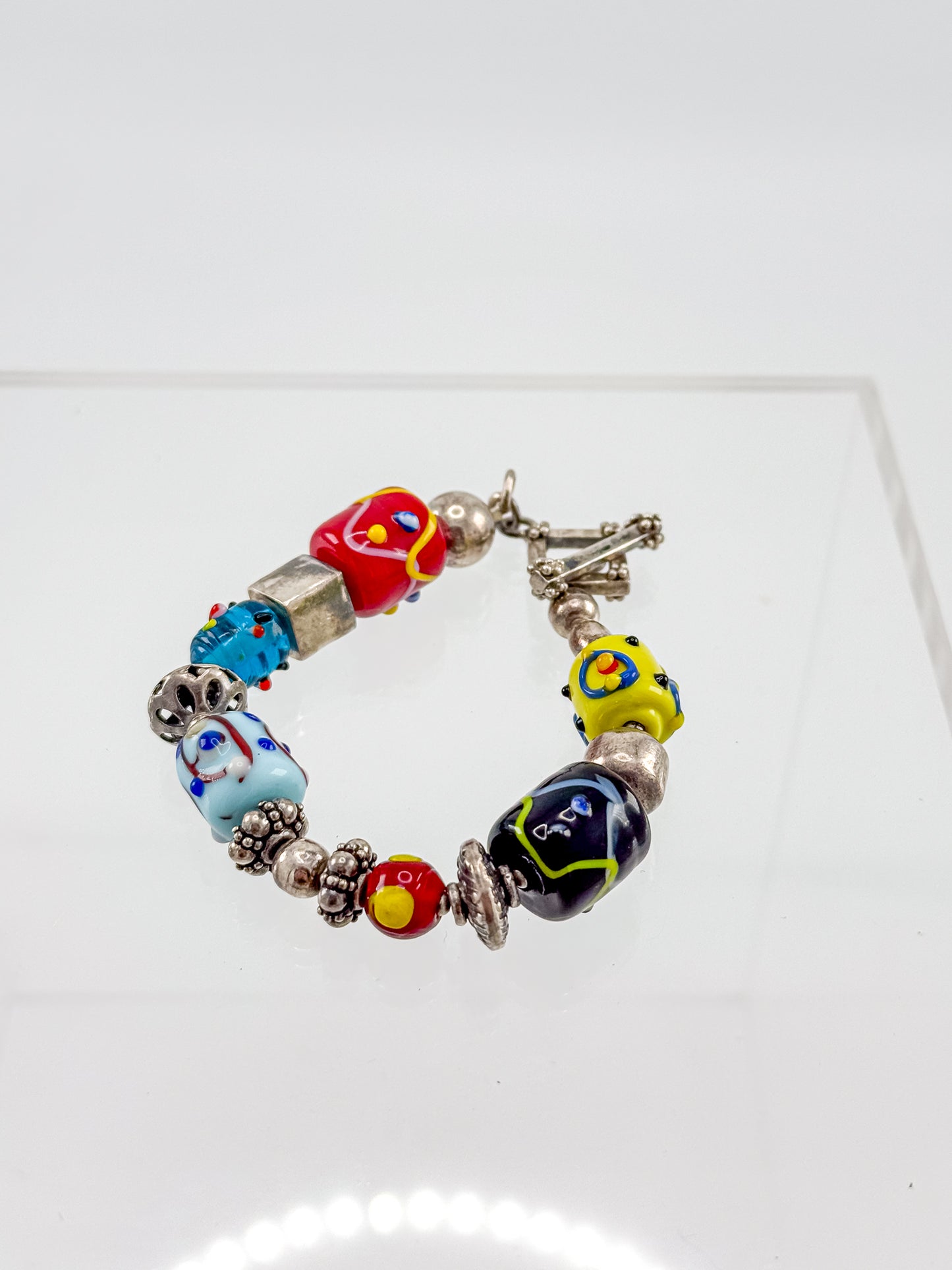 Vintage Silpada Sterling Silver Lampwork Glass Bead Bracelet with Square Toggle Clasp