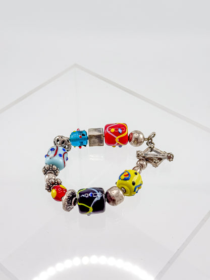 Vintage Silpada Sterling Silver Lampwork Glass Bead Bracelet with Square Toggle Clasp