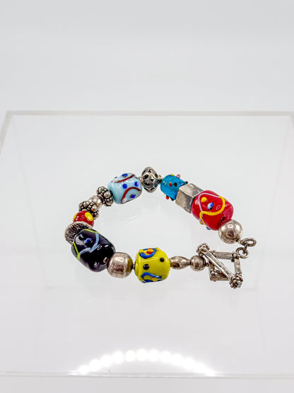 Vintage Silpada Sterling Silver Lampwork Glass Bead Bracelet with Square Toggle Clasp