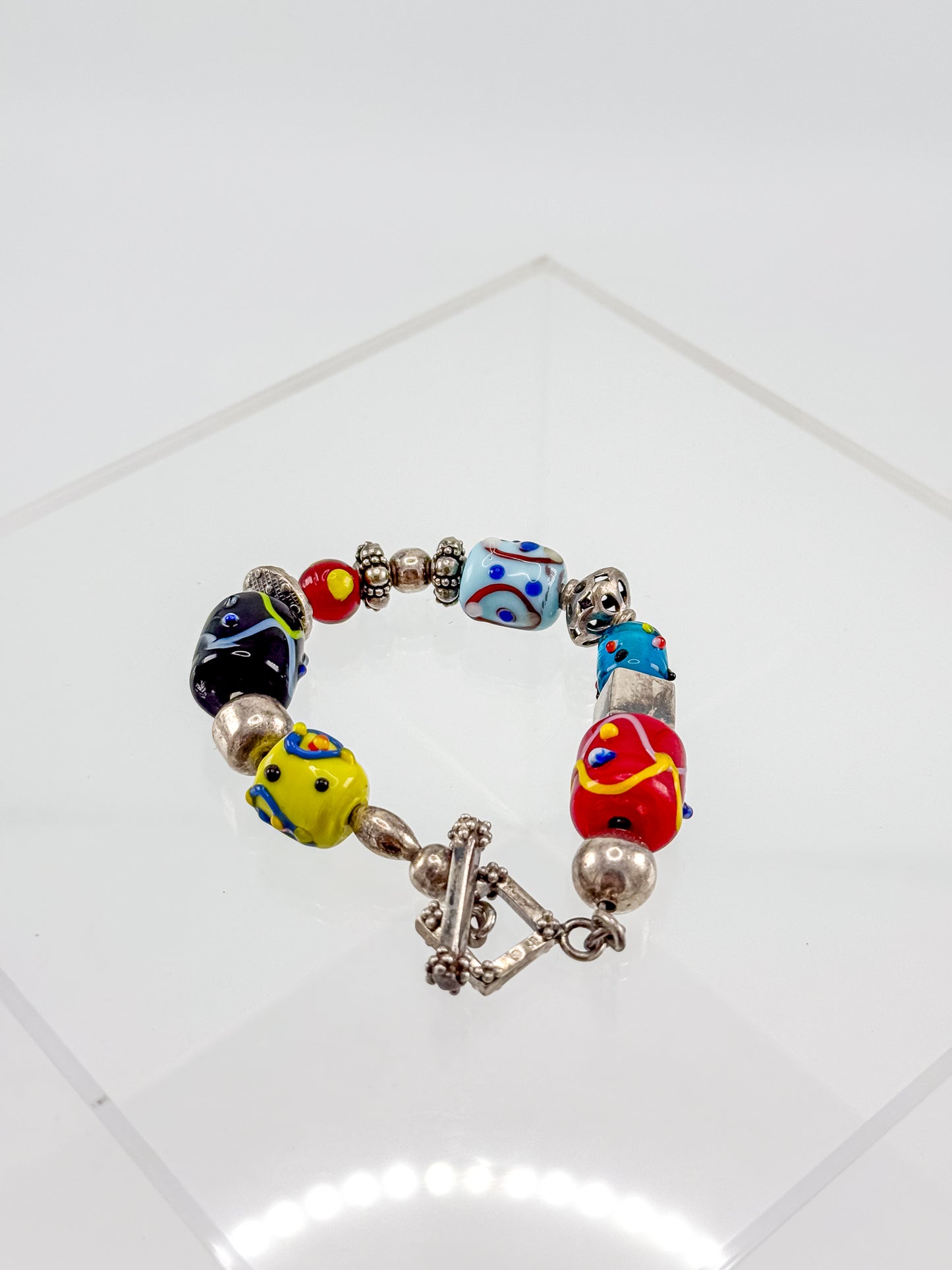 Vintage Silpada Sterling Silver Lampwork Glass Bead Bracelet with Square Toggle Clasp