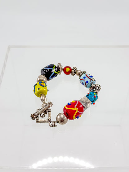 Vintage Silpada Sterling Silver Lampwork Glass Bead Bracelet with Square Toggle Clasp
