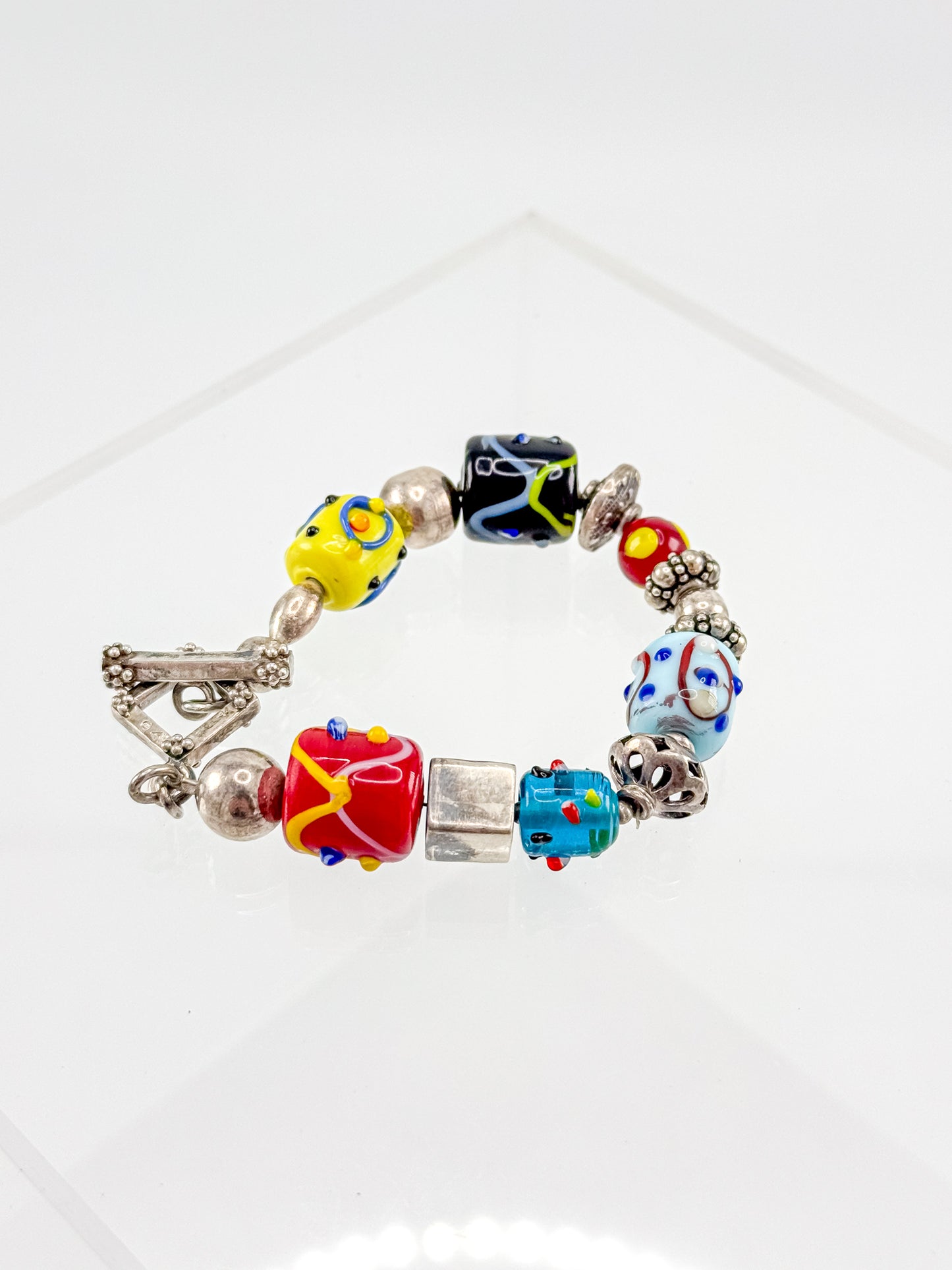 Vintage Silpada Sterling Silver Lampwork Glass Bead Bracelet with Square Toggle Clasp