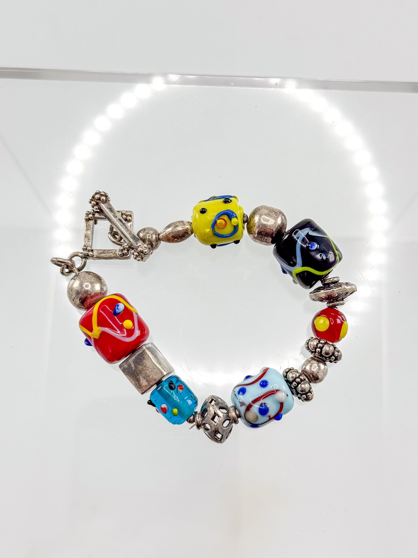 Vintage Silpada Sterling Silver Lampwork Glass Bead Bracelet with Square Toggle Clasp