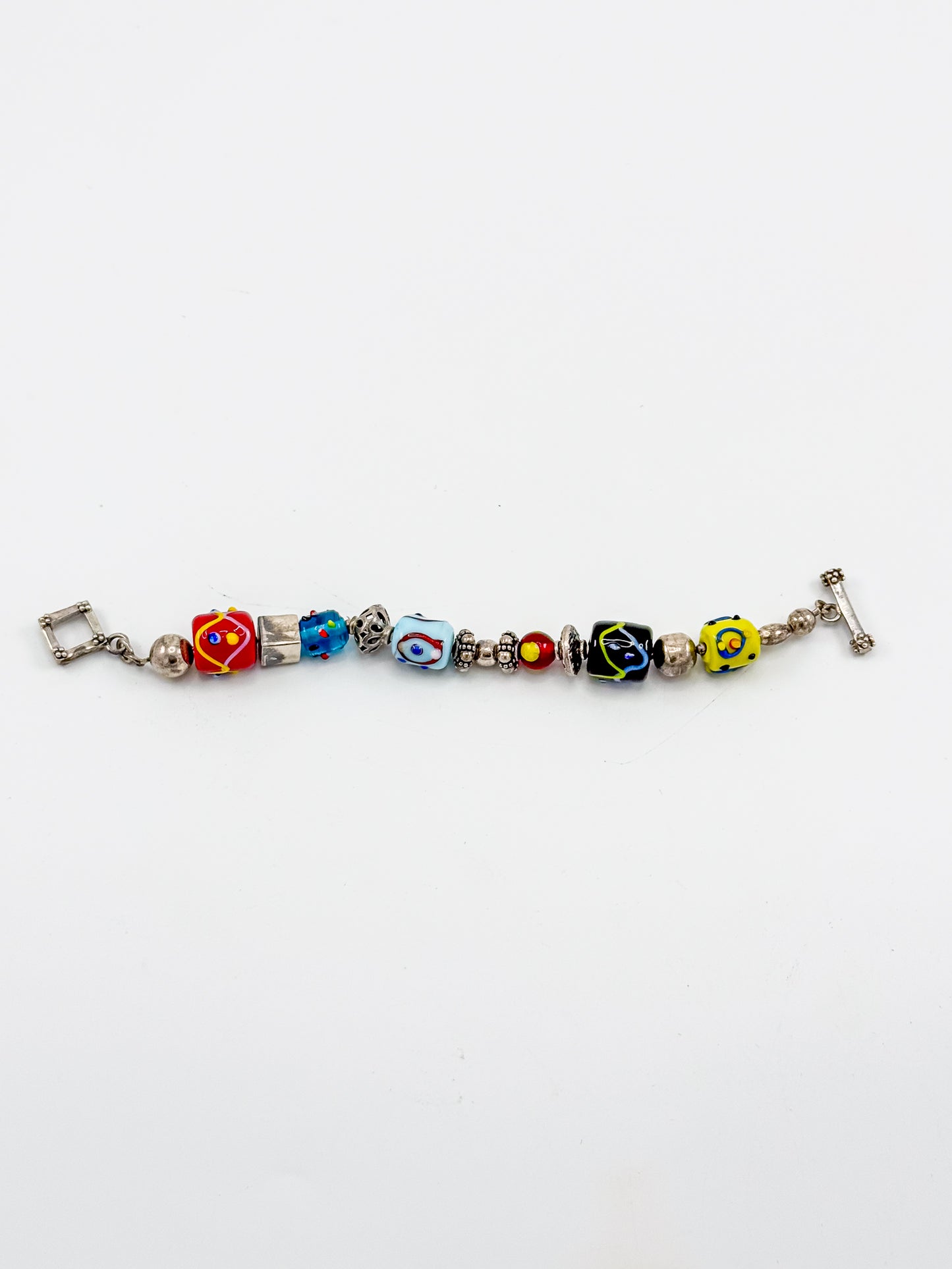 Vintage Silpada Sterling Silver Lampwork Glass Bead Bracelet with Square Toggle Clasp