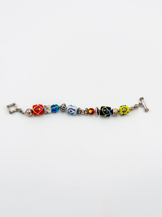 Vintage Silpada Sterling Silver Lampwork Glass Bead Bracelet with Square Toggle Clasp