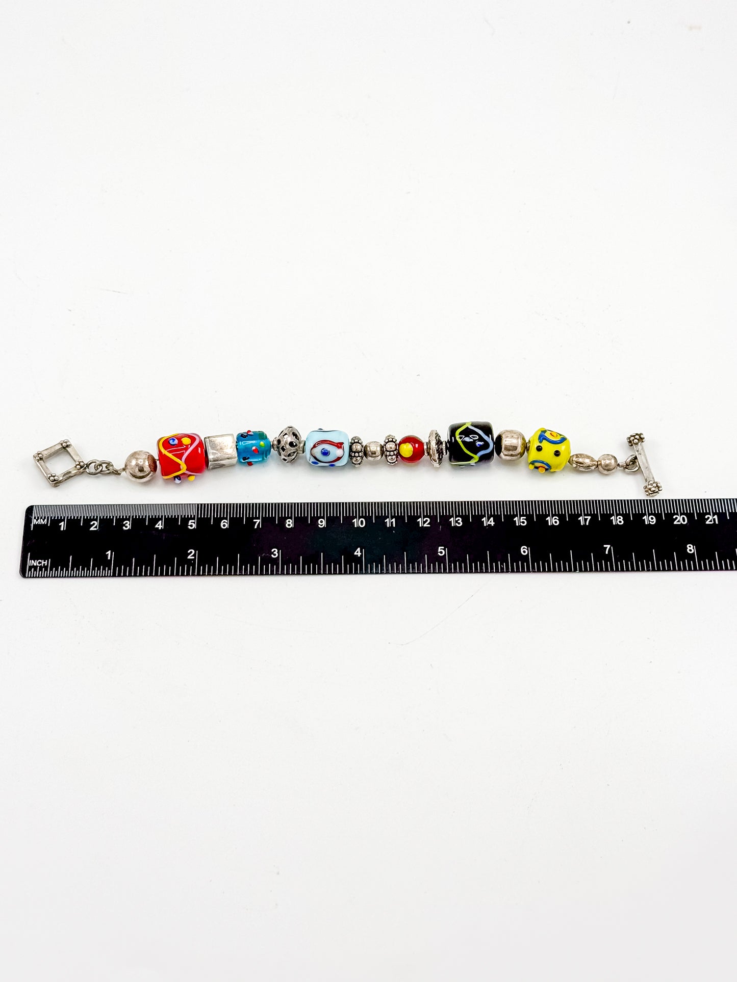 Vintage Silpada Sterling Silver Lampwork Glass Bead Bracelet with Square Toggle Clasp