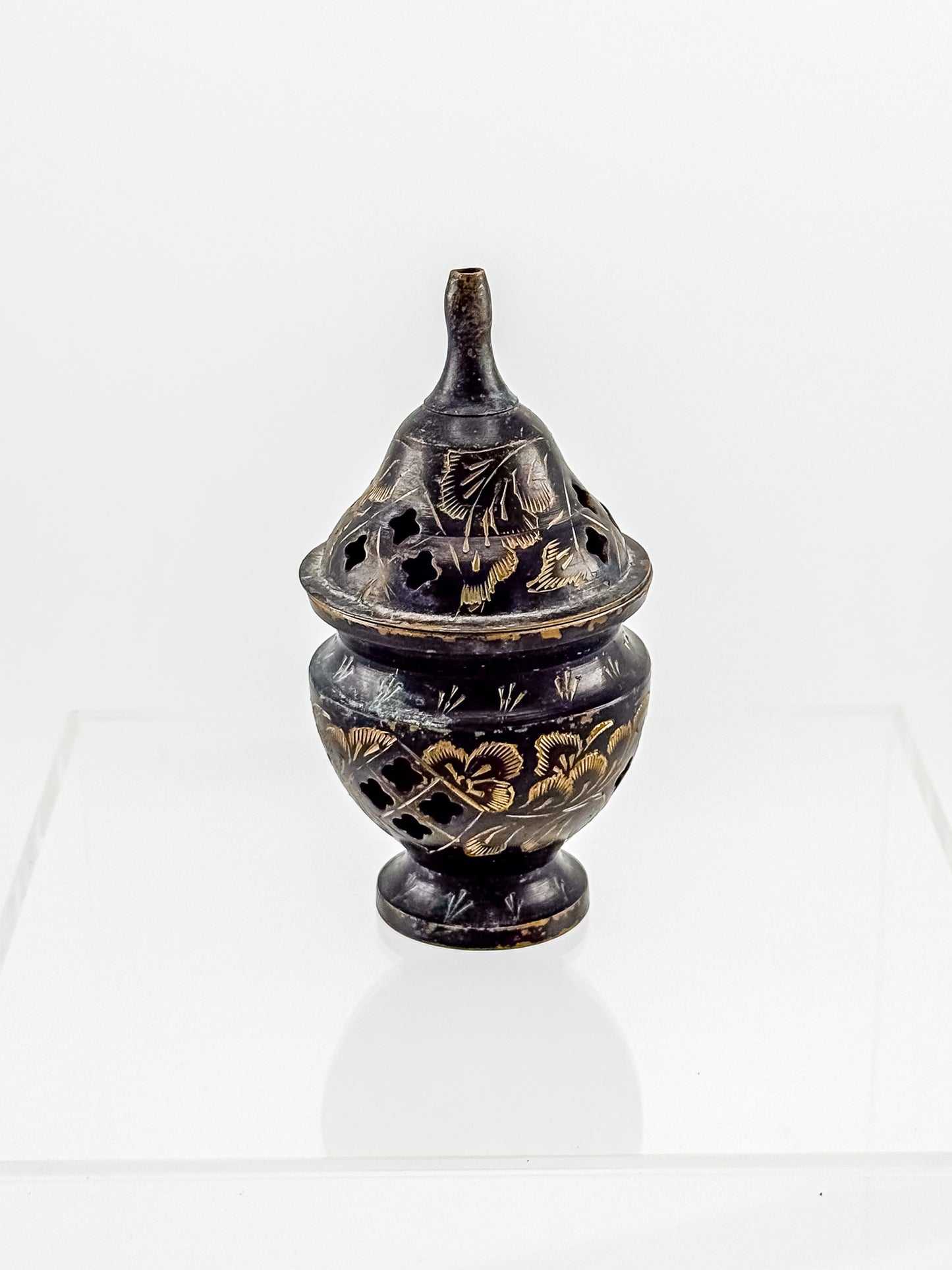 Vintage Miniature Brass Incense Burner Censer with Pierced Domed Lid and Floral Engraving