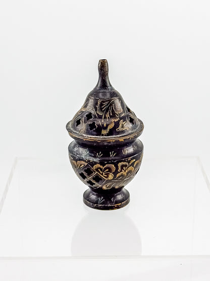 Vintage Miniature Brass Incense Burner Censer with Pierced Domed Lid and Floral Engraving