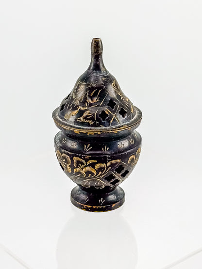 Vintage Miniature Brass Incense Burner Censer with Pierced Domed Lid and Floral Engraving