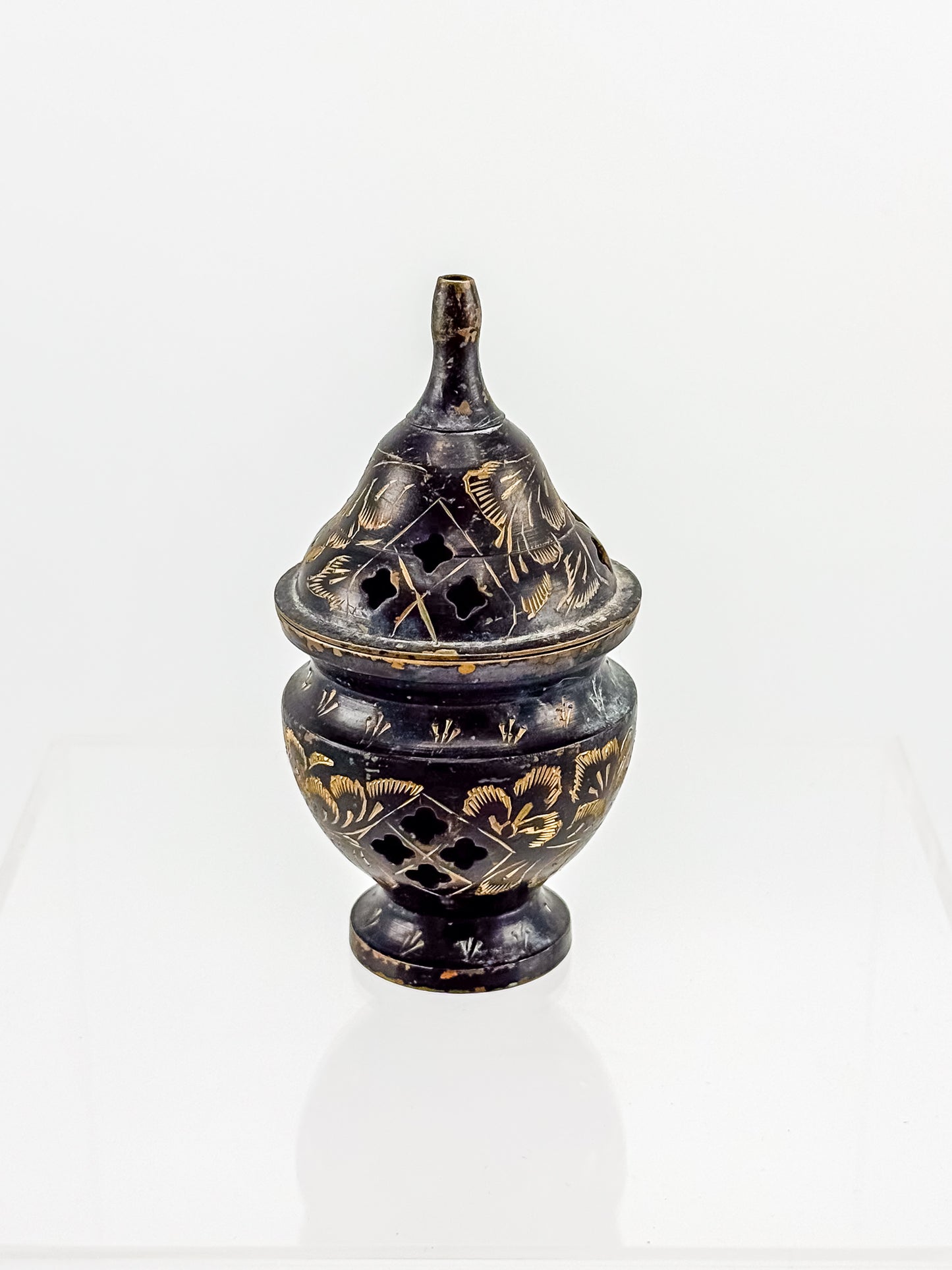 Vintage Miniature Brass Incense Burner Censer with Pierced Domed Lid and Floral Engraving