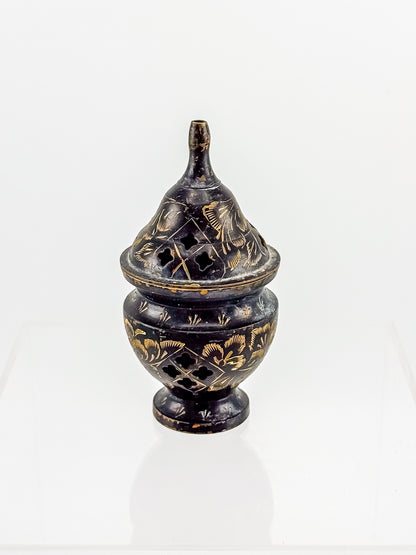 Vintage Miniature Brass Incense Burner Censer with Pierced Domed Lid and Floral Engraving