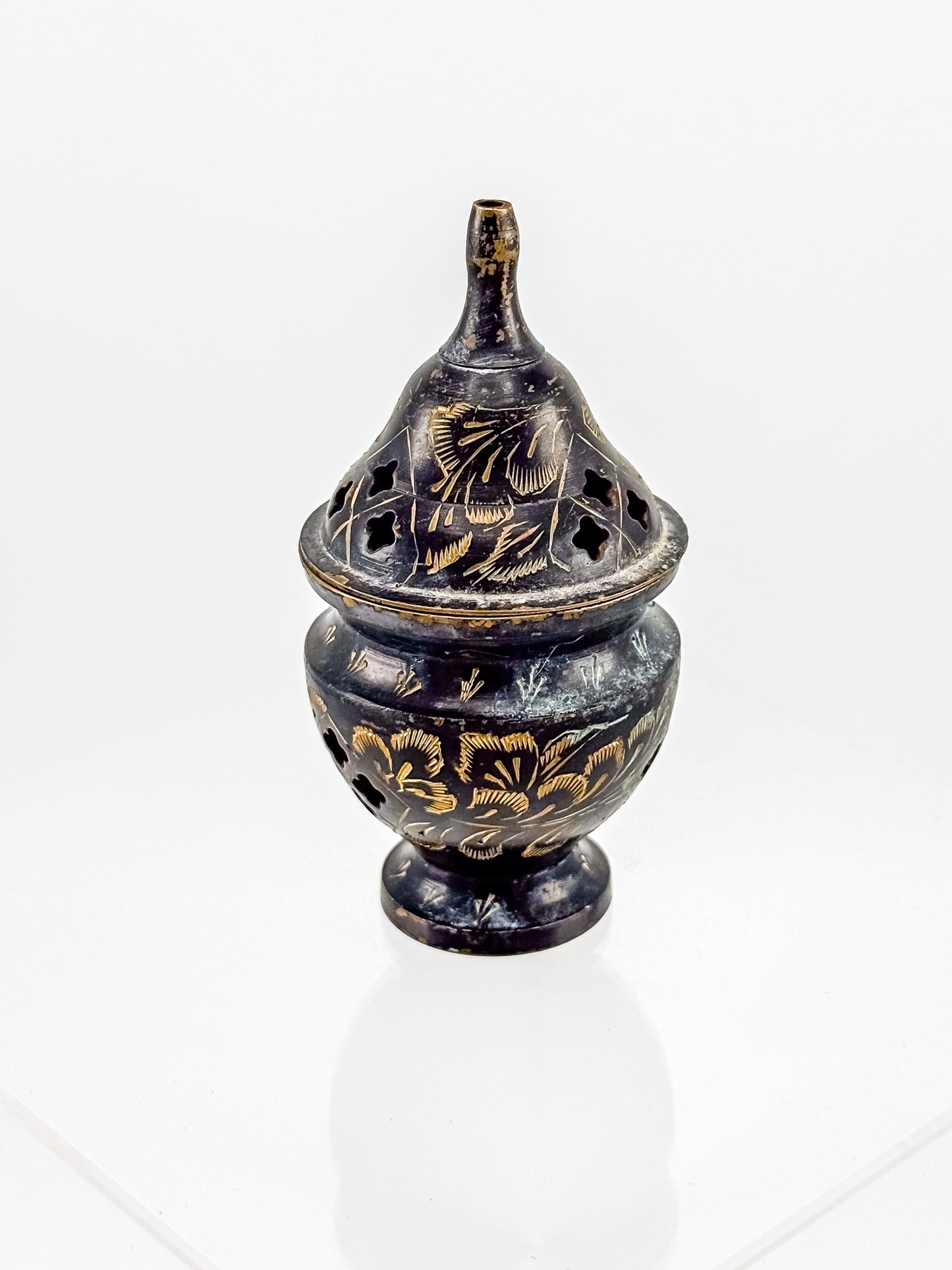 Vintage Miniature Brass Incense Burner Censer with Pierced Domed Lid and Floral Engraving