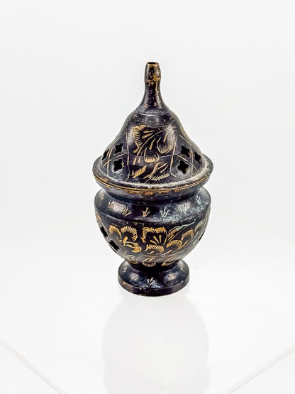 Vintage Miniature Brass Incense Burner Censer with Pierced Domed Lid and Floral Engraving