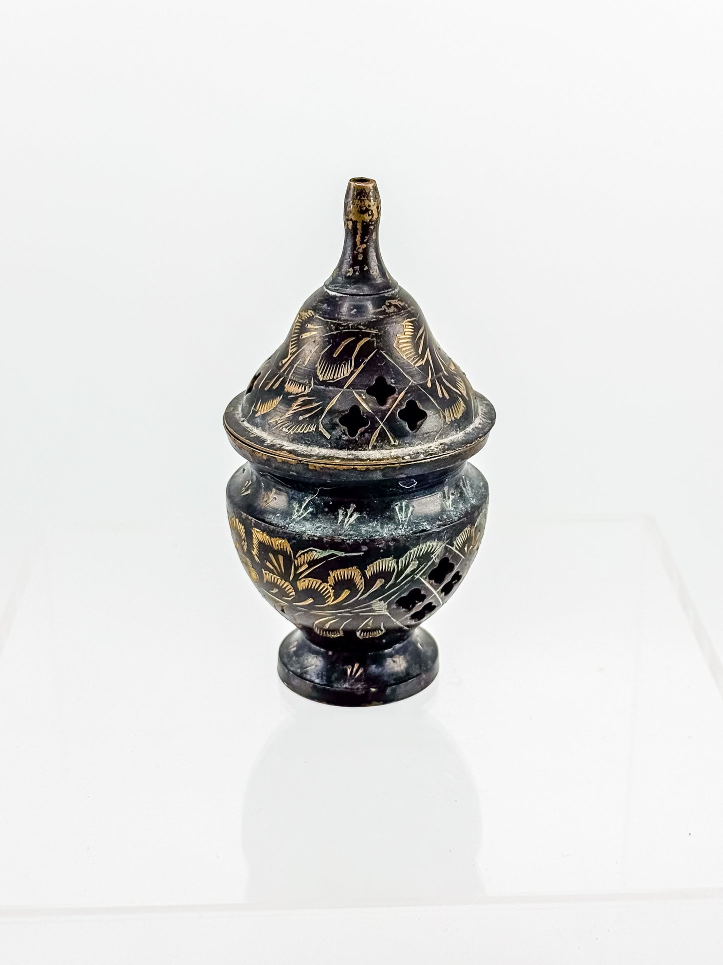 Vintage Miniature Brass Incense Burner Censer with Pierced Domed Lid and Floral Engraving