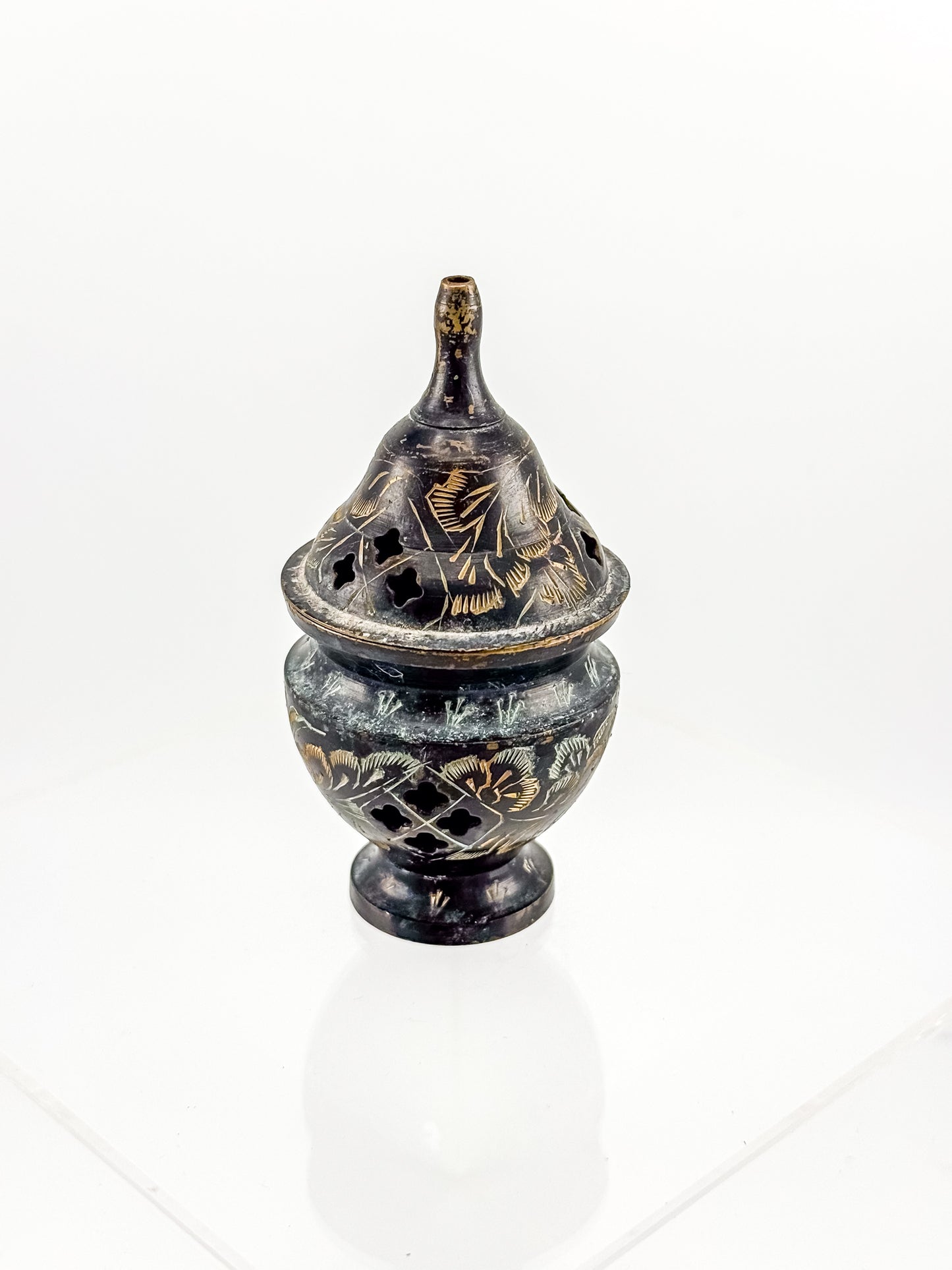 Vintage Miniature Brass Incense Burner Censer with Pierced Domed Lid and Floral Engraving