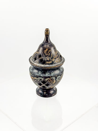 Vintage Miniature Brass Incense Burner Censer with Pierced Domed Lid and Floral Engraving