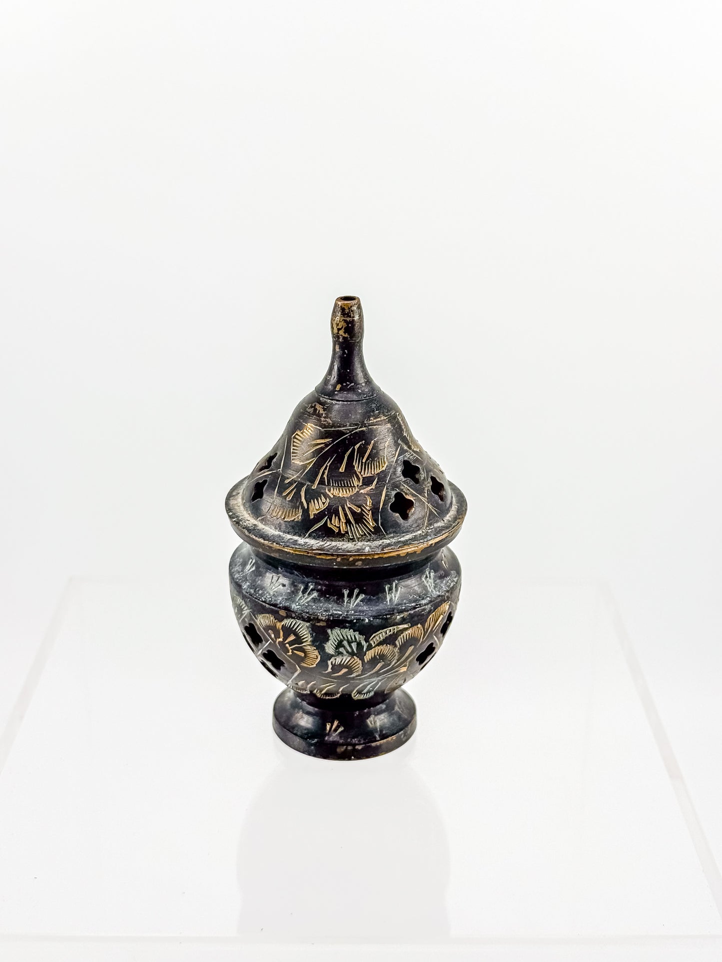 Vintage Miniature Brass Incense Burner Censer with Pierced Domed Lid and Floral Engraving