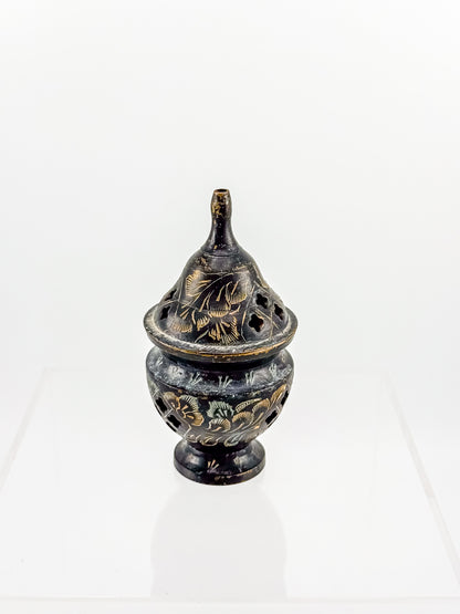 Vintage Miniature Brass Incense Burner Censer with Pierced Domed Lid and Floral Engraving