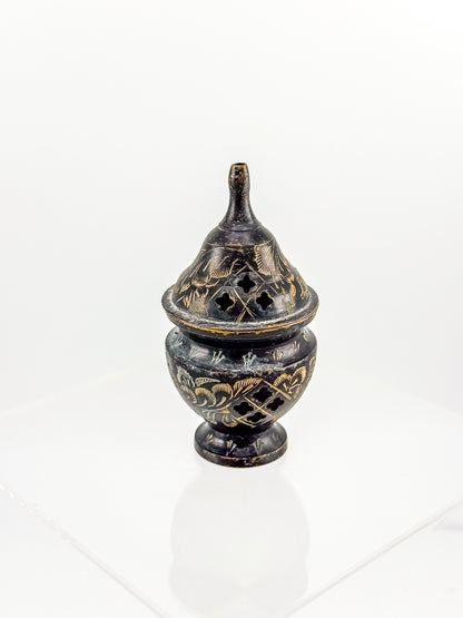Vintage Miniature Brass Incense Burner Censer with Pierced Domed Lid and Floral Engraving