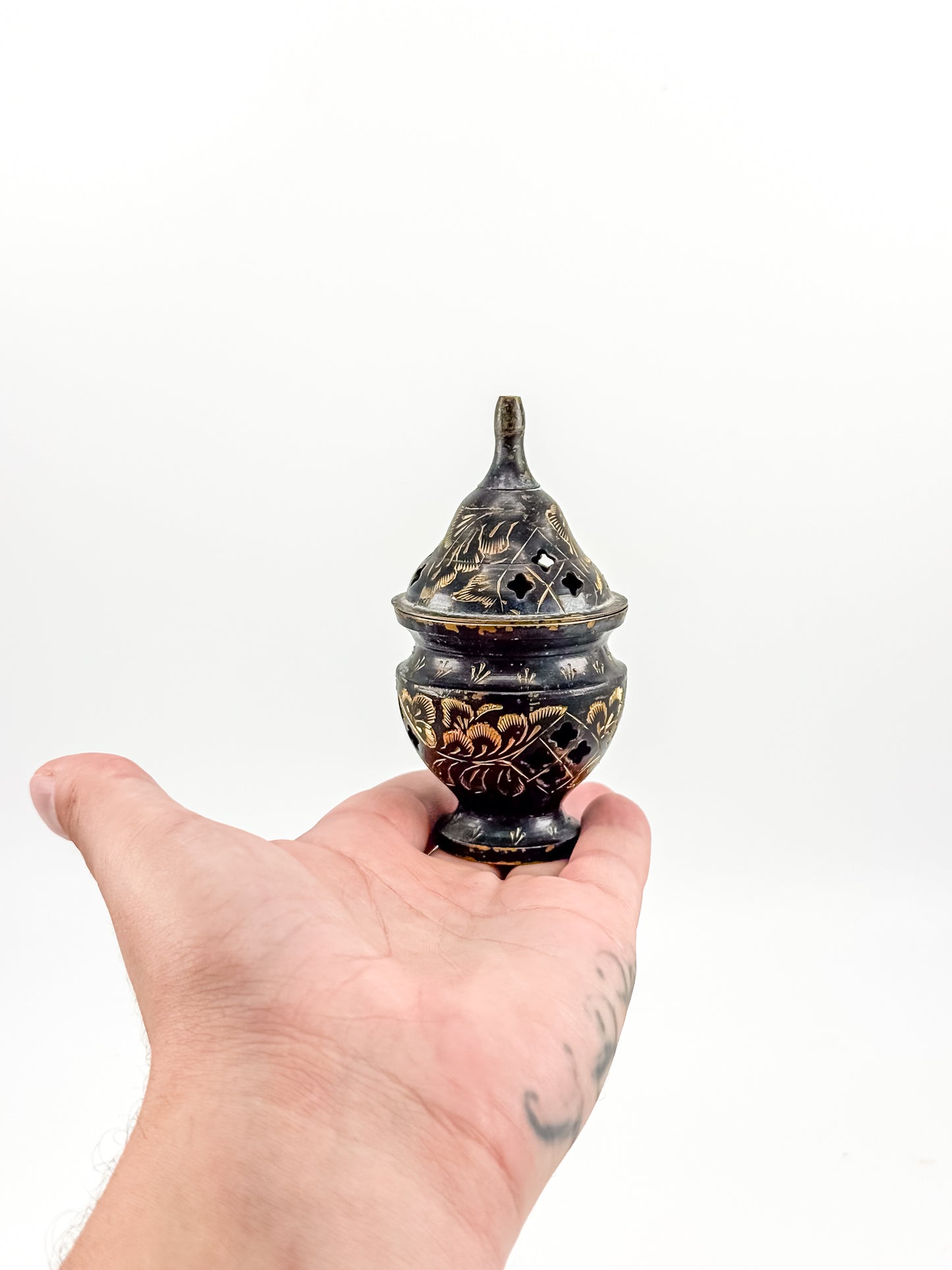 Vintage Miniature Brass Incense Burner Censer with Pierced Domed Lid and Floral Engraving