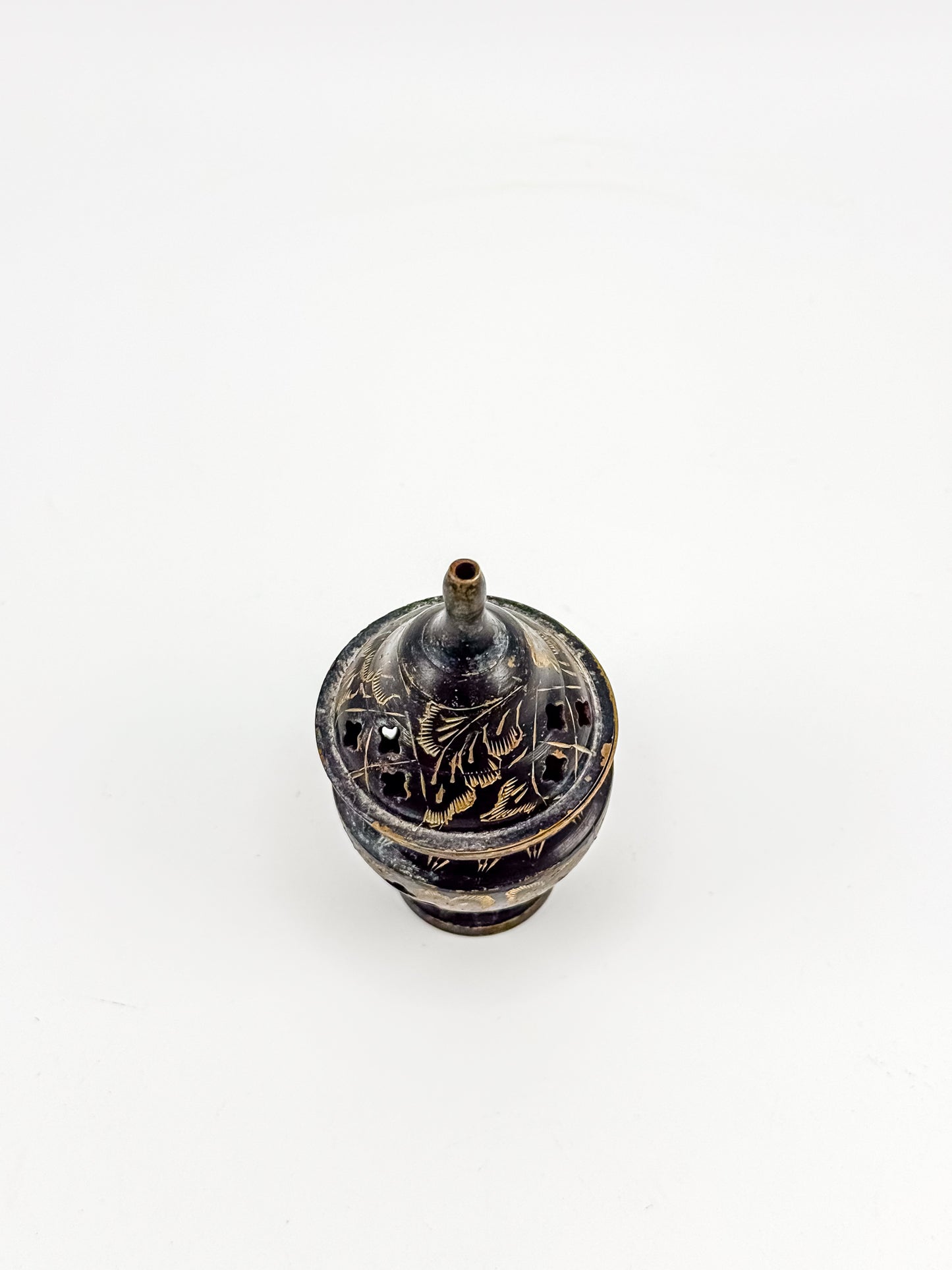 Vintage Miniature Brass Incense Burner Censer with Pierced Domed Lid and Floral Engraving