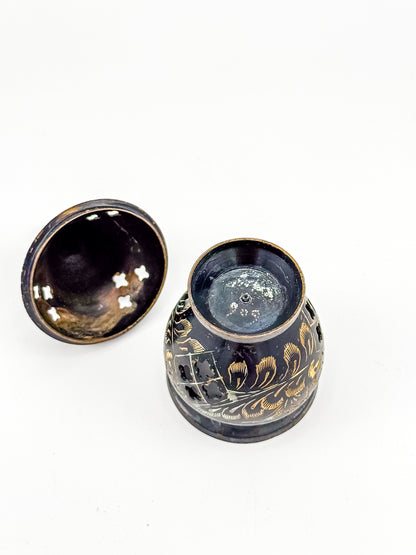 Vintage Miniature Brass Incense Burner Censer with Pierced Domed Lid and Floral Engraving