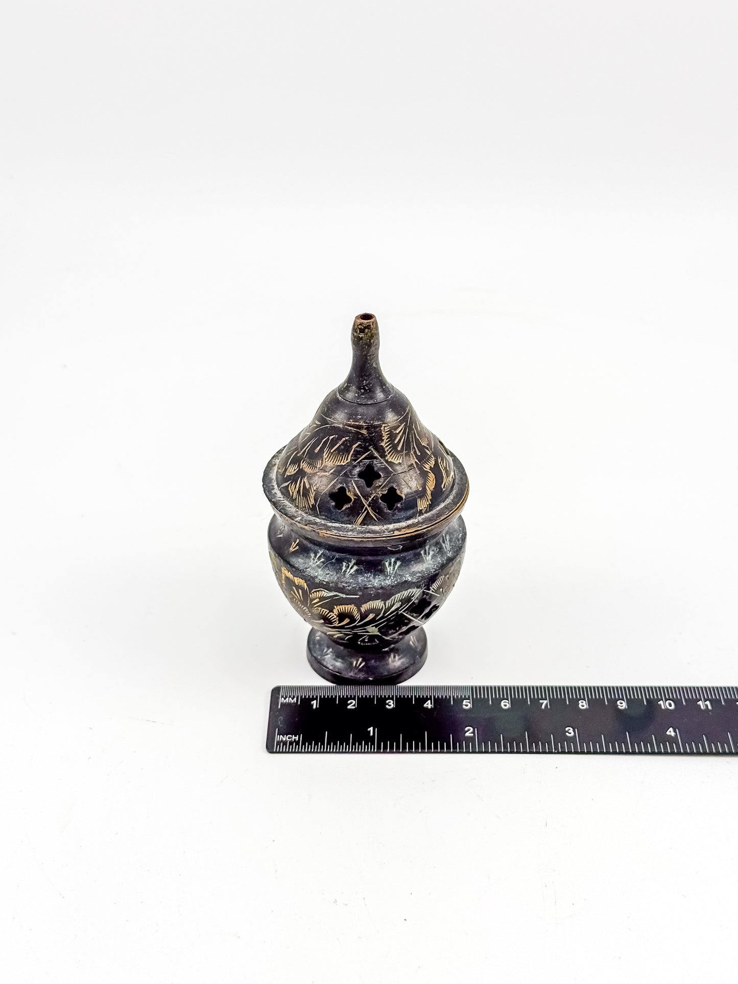 Vintage Miniature Brass Incense Burner Censer with Pierced Domed Lid and Floral Engraving