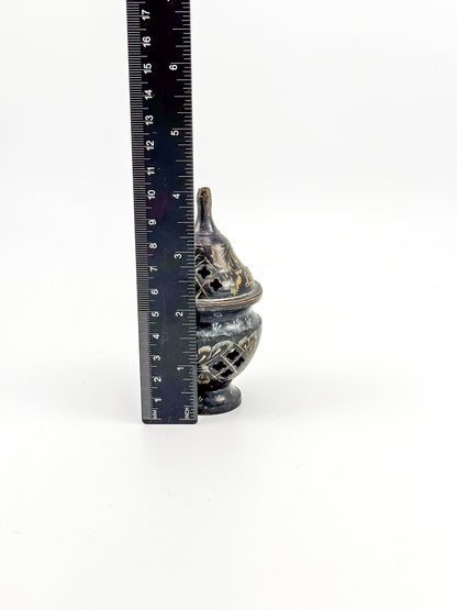 Vintage Miniature Brass Incense Burner Censer with Pierced Domed Lid and Floral Engraving