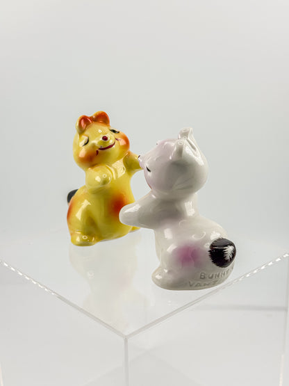 Vintage Van Tellingen Bunny Hug Salt and Pepper Shakers, 1950s Russ Berrie Hugger Set
