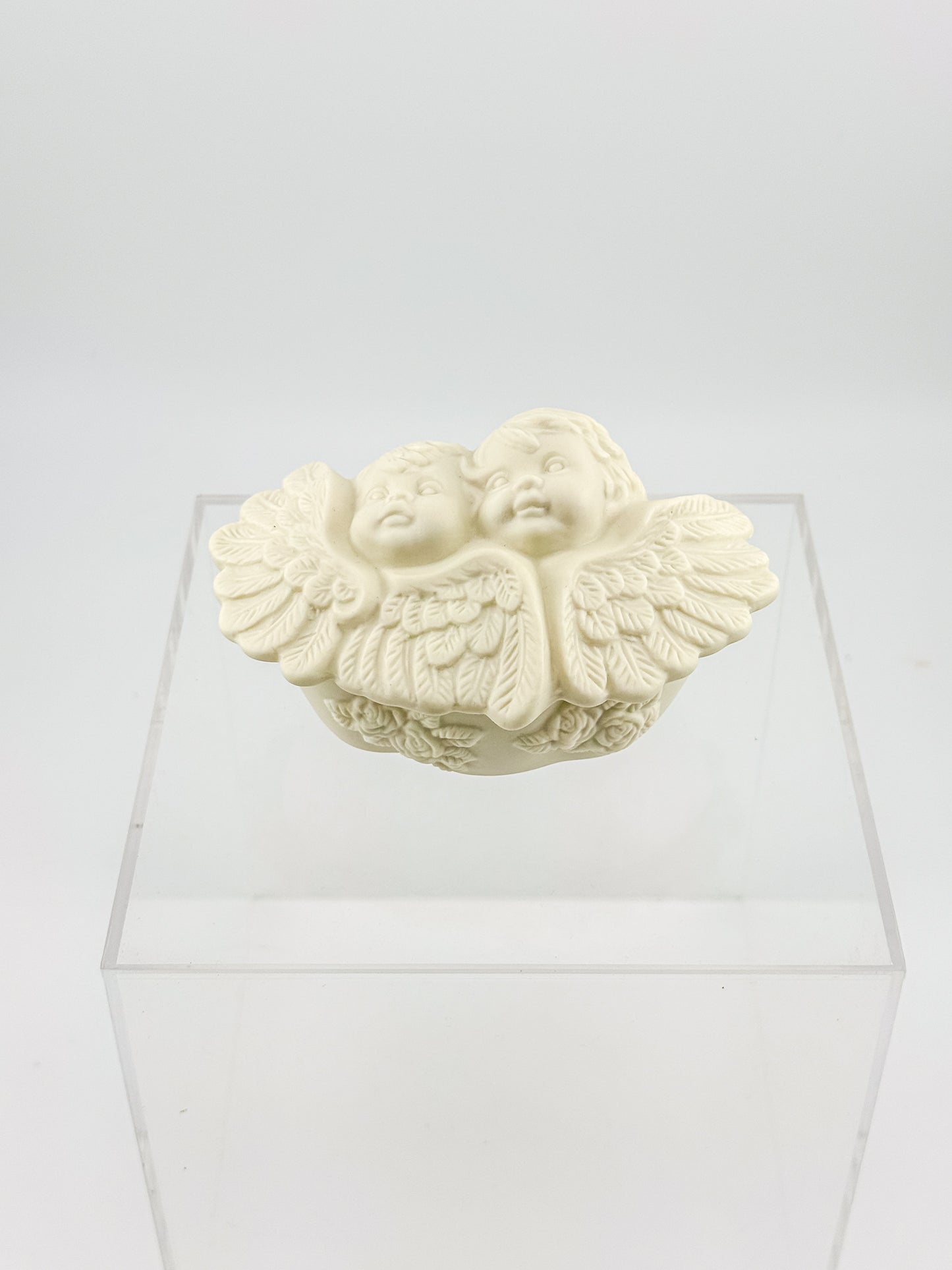 Vintage Porcelain Bisque Double Cherub Angel Trinket Box with Wings