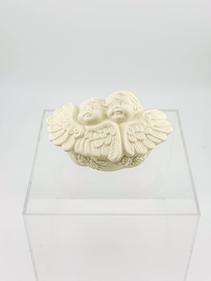 Vintage Porcelain Bisque Double Cherub Angel Trinket Box with Wings
