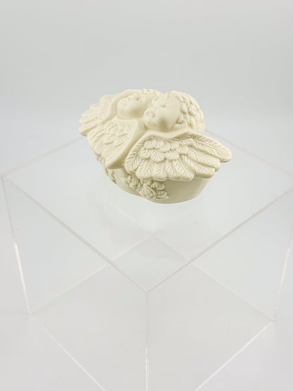 Vintage Porcelain Bisque Double Cherub Angel Trinket Box with Wings