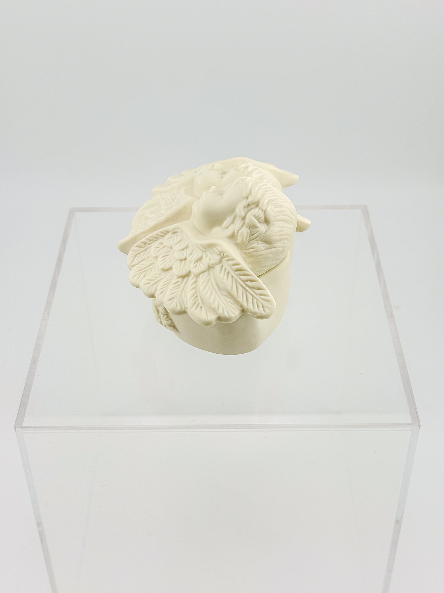 Vintage Porcelain Bisque Double Cherub Angel Trinket Box with Wings