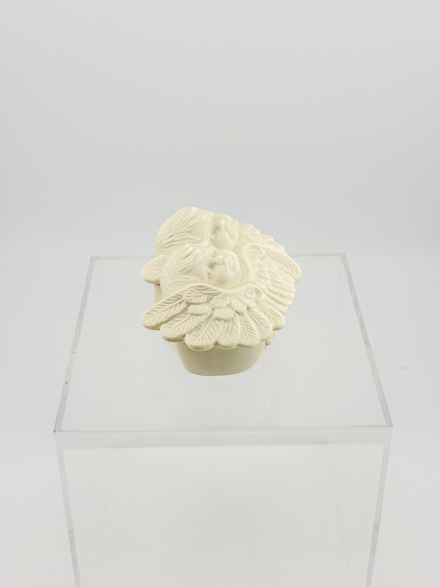 Vintage Porcelain Bisque Double Cherub Angel Trinket Box with Wings