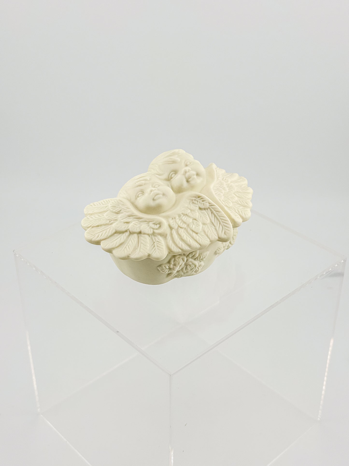 Vintage Porcelain Bisque Double Cherub Angel Trinket Box with Wings