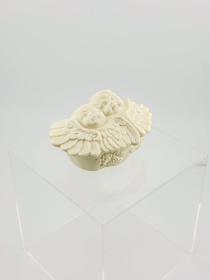 Vintage Porcelain Bisque Double Cherub Angel Trinket Box with Wings