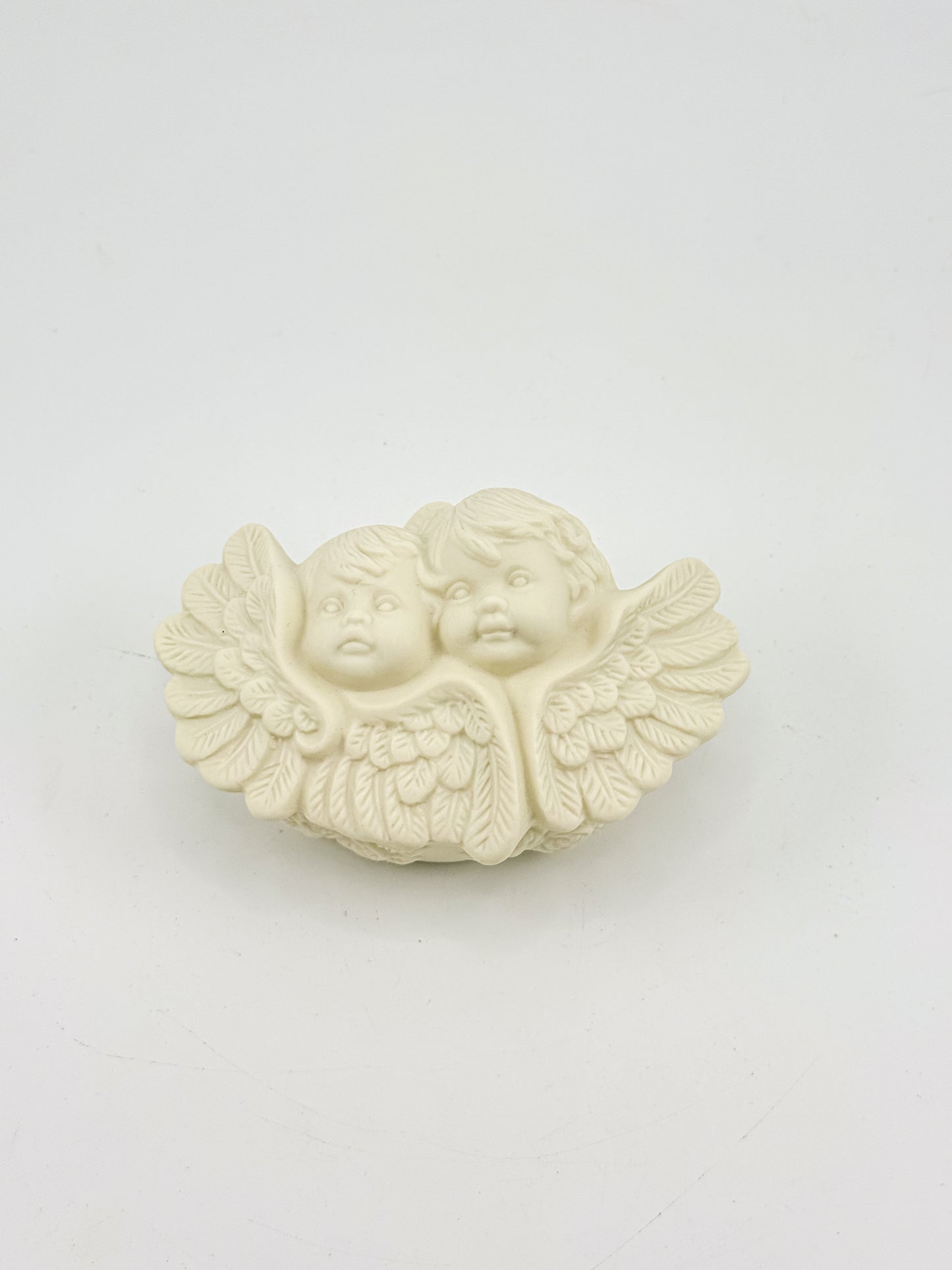 Vintage Porcelain Bisque Double Cherub Angel Trinket Box with Wings