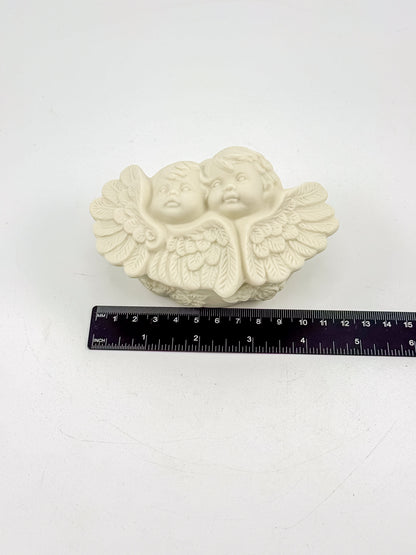 Vintage Porcelain Bisque Double Cherub Angel Trinket Box with Wings