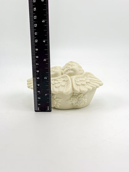 Vintage Porcelain Bisque Double Cherub Angel Trinket Box with Wings