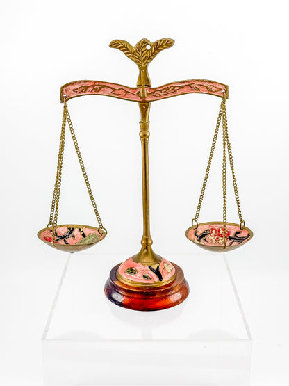 Antique Brass Balance Scales with Hand-Painted Enamel Floral Dishes on Wood Base